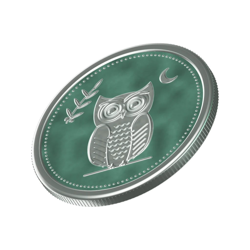 The OBOL coin: a silver obol struck with the owl of Athena, verdigris in the recesses